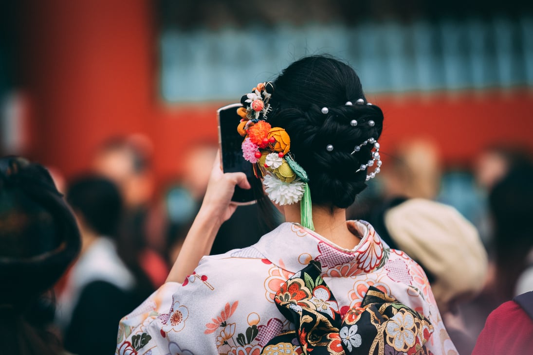 Woman Wearing Floral Kimono Holding Mobile Phone